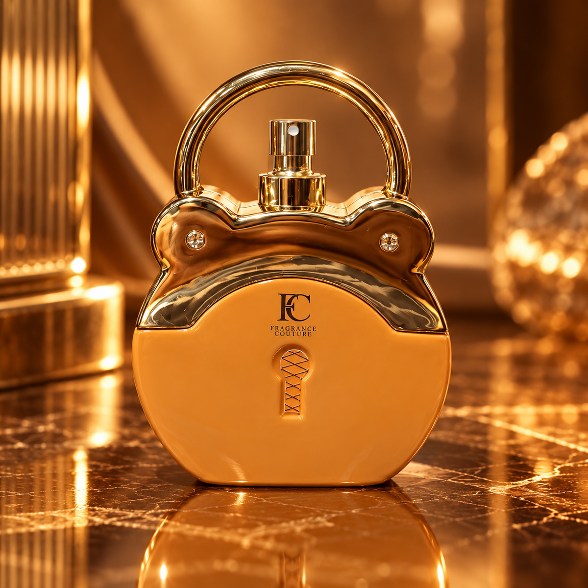 Golden Lock bottle in an elegant setting