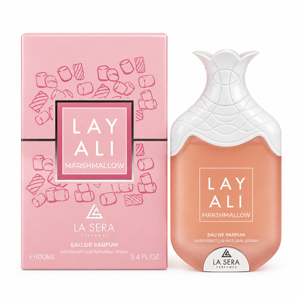 Lay Ali Marshmallow La Sera Eau de Parfum 100ml bottle and box white background