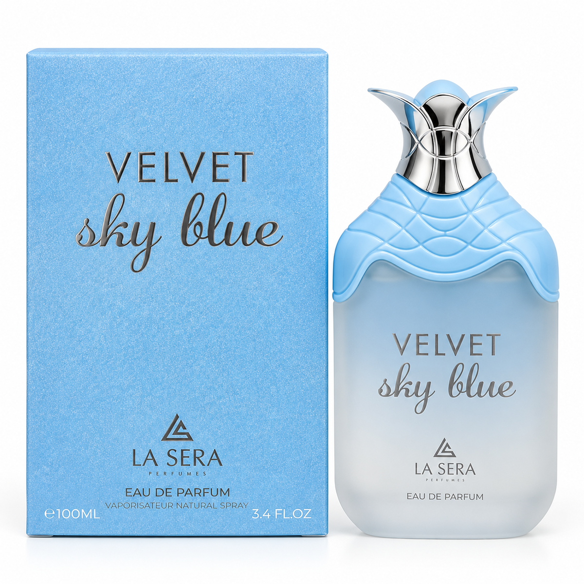 Velvet Sky Blue by La Sera Eau de Parfum 100ml bottle and box on white background