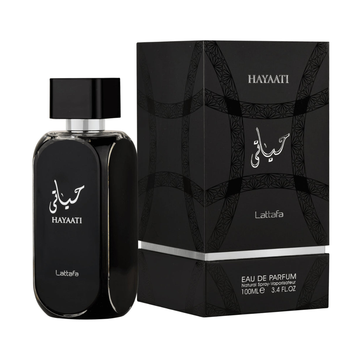 Hayaati Eau de Parfum 100ml by Lattafa bottle and box on white background