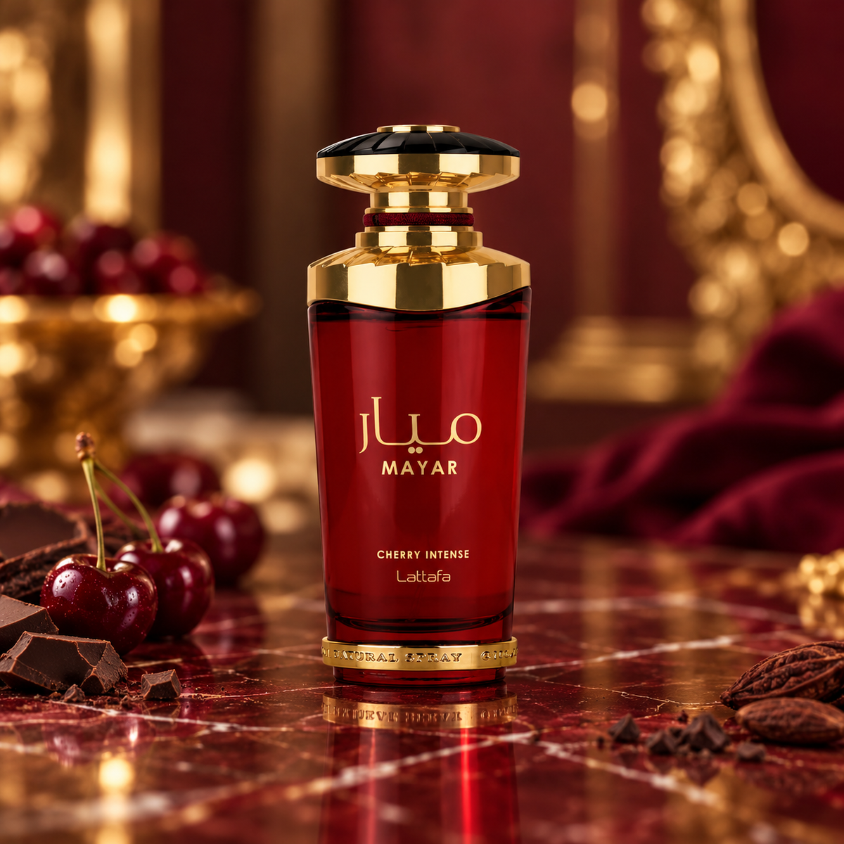 Mayar Cherry Intense by Lattafa bottle in a burgundy and gold setting