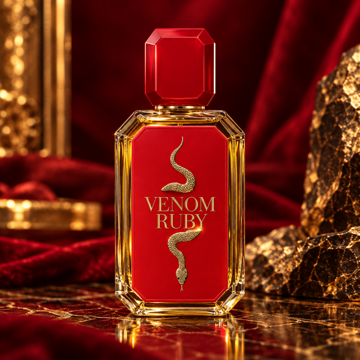 Venom Ruby bottle in an elegant setting