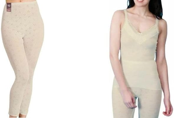 Women’s Thermal 2-Piece Set French Neck Spencer Vest (Round Neck &V-Neck) with Pantee or Long John Bottoms Soft, Warm Winter Black & White