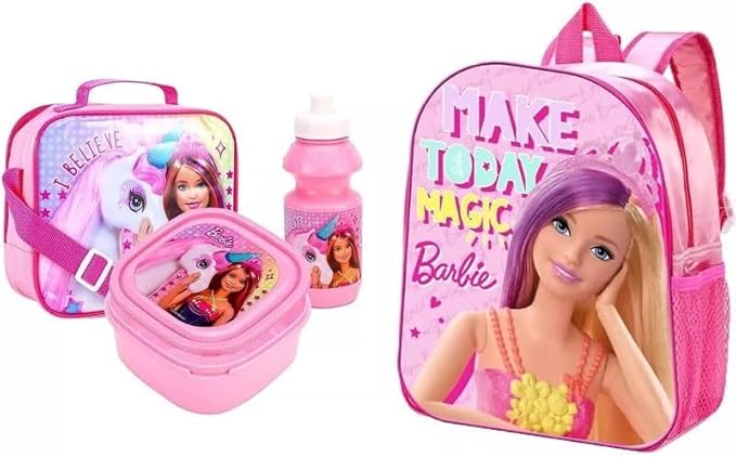 Kids 4-Piece Character School Set – Standard Backpack, Lunch Bag, Water Bottle & Sandwich Box | Fun, Durable & Ready for School Adventures (Barbie & Christie)