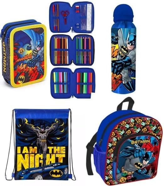 Kids Character 4-Piece Set – Backpack, Gym Bag,Water Bottle & Filled Pencil Case Characters for Boys and Girls Perfect for School,Sports,Travel,and More! (Batman)