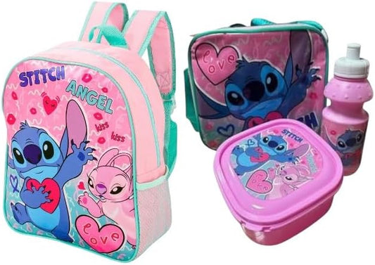 Kids Character Backpack Set – Standard & Deluxe 4-Piece School Set with Backpack, Lunch Bag, Water Bottle & Snack Container – Lightweight, Durable, Perfect for School (Standard Stitch Angel)