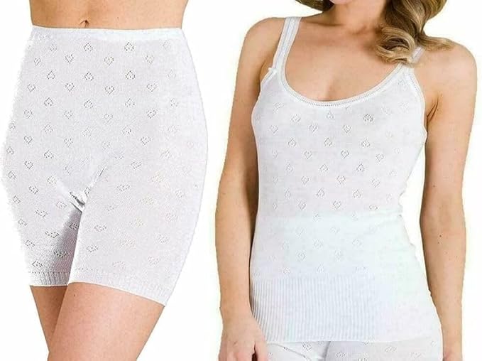 Women’s Thermal 2-Piece Set French Neck Spencer Vest (Round Neck &V-Neck) with Pantee or Long John Bottoms Soft, Warm Winter Black & White