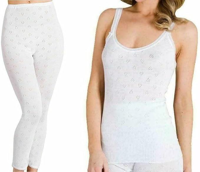 Women’s Thermal 2-Piece Set French Neck Spencer Vest (Round Neck &V-Neck) with Pantee or Long John Bottoms Soft, Warm Winter Black & White