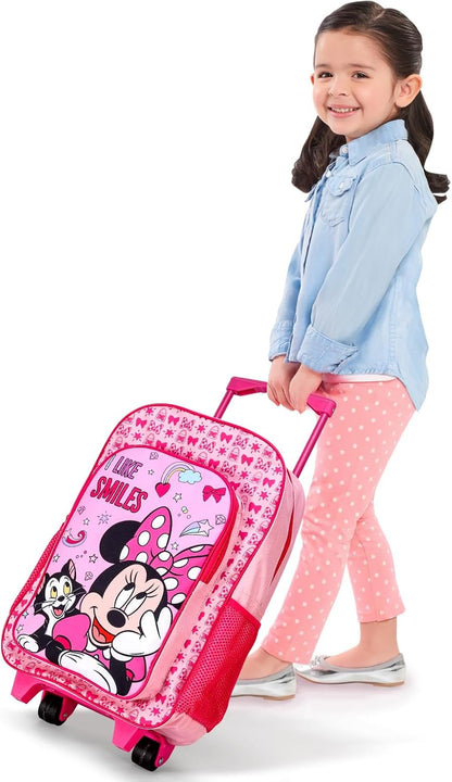 Minnie Mouse Deluxe Trolley Backpack Childrens Travel Bag Kids Character Luggage Carrier Suitcase with Side Mesh Pockets