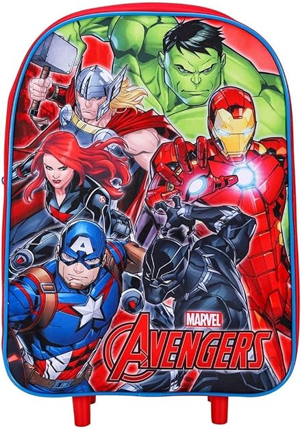 Top Linen Kids Travel Trolley Backpack - Wheeled Suitcase Rucksack Bag - Children Favourite Characters Foldable Carry-on Luggage Carrier Bag - Deluxe Avengers Team Trolley Bag