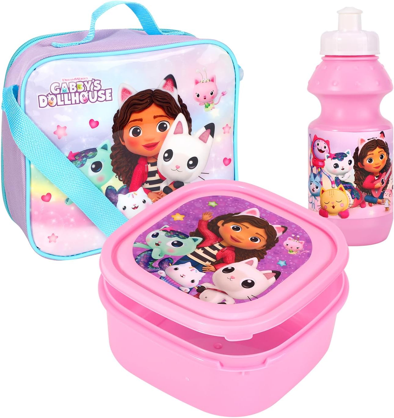 Gabbys Dollhouse Insulated 3 Piece Lunch Bag, Sandwich Box & Bottle Set for School & Travel 3pc Set