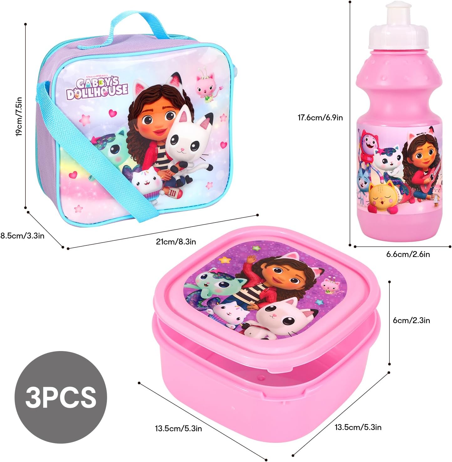 Gabbys Dollhouse Insulated 3 Piece Lunch Bag, Sandwich Box & Bottle Set for School & Travel 3pc Set