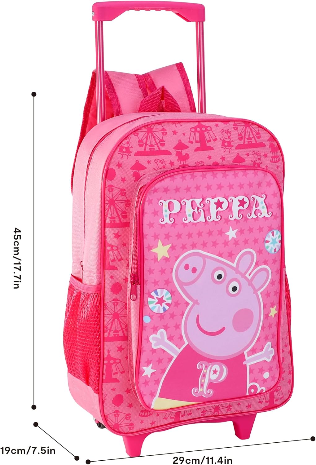P Pig Deluxe Kids Trolley Backpack – Wheeled Rolling Bag with Extendable Handle – Lightweight Travel Luggage for Girls – School or Holiday Use