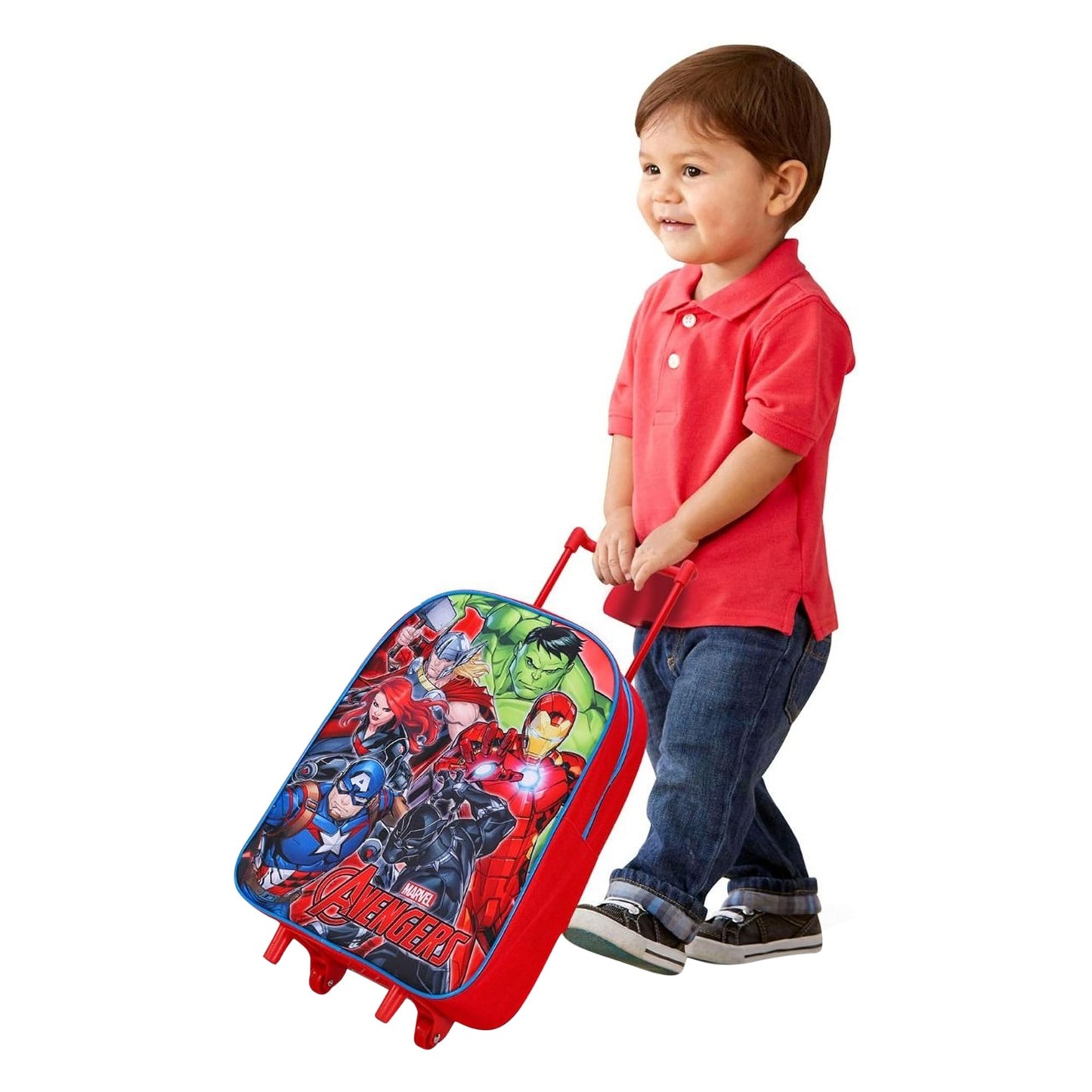 Avengers Kids Trolley Bag – Unisex Hard Shell School Travel Suitcase with Wheels & Extendable Handle – Marvel Cartoon Rolling Backpack for Kids (Red)