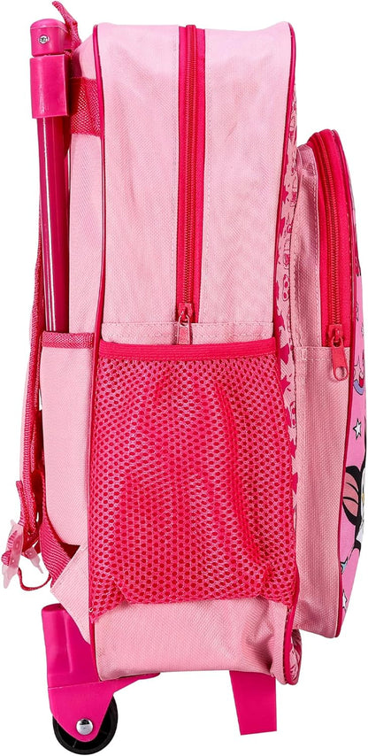 Minnie Mouse Deluxe Trolley Backpack Childrens Travel Bag Kids Character Luggage Carrier Suitcase with Side Mesh Pockets