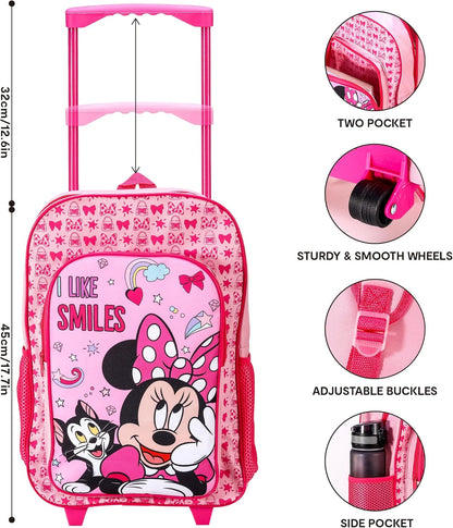 Minnie Mouse Deluxe Trolley Backpack Childrens Travel Bag Kids Character Luggage Carrier Suitcase with Side Mesh Pockets
