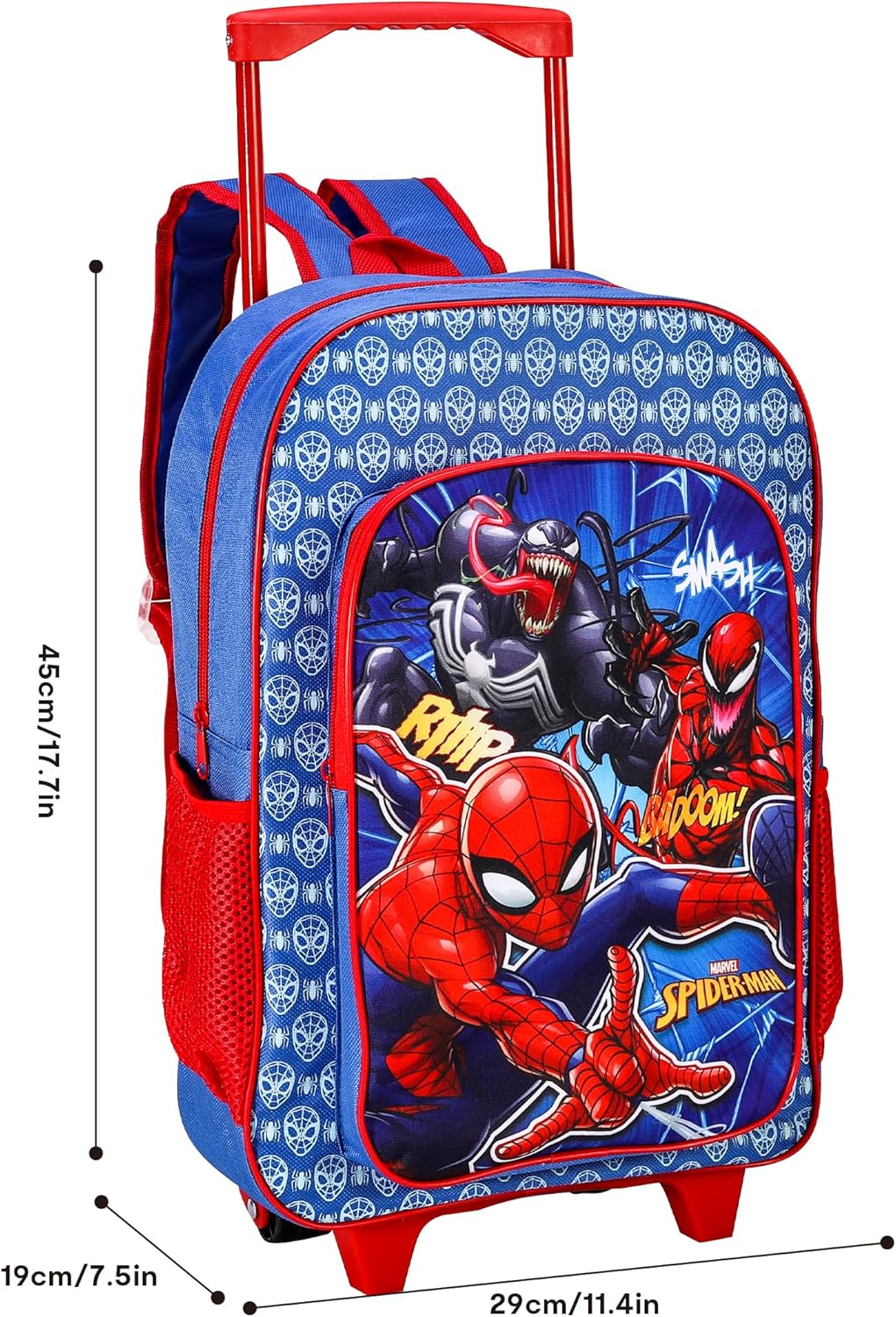 Spiderman Deluxe Trolley Backpack Childrens Travel Bag Kids Character Luggage Carrier Suitcase with Side Mesh Pockets Marvel Spider-Man