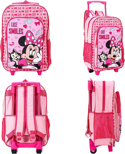 Minnie Mouse Deluxe Trolley Backpack Childrens Travel Bag Kids Character Luggage Carrier Suitcase with Side Mesh Pockets