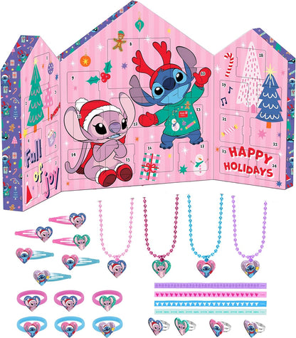 Stitch Advent Calendar for Girls – 24 Day Surprise Accessories Set with Necklaces, Hair Bands, Wristbands, Hair Clips & Rings – Kids Jewellery Christmas Countdown Childrens Festive Gift Box 32cm