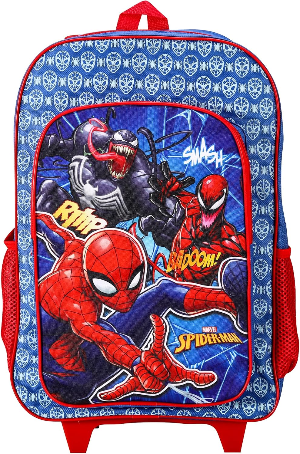 Spiderman Deluxe Trolley Backpack Childrens Travel Bag Kids Character Luggage Carrier Suitcase with Side Mesh Pockets Marvel Spider-Man