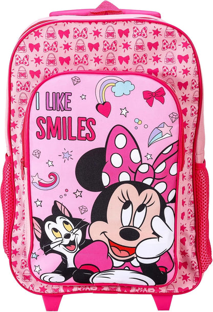 Minnie Mouse Deluxe Trolley Backpack Childrens Travel Bag Kids Character Luggage Carrier Suitcase with Side Mesh Pockets