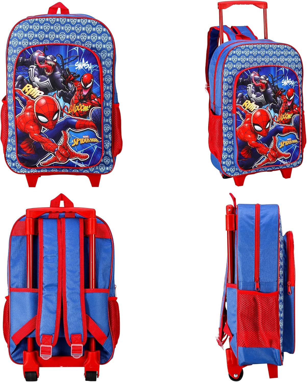 Spiderman Deluxe Trolley Backpack Childrens Travel Bag Kids Character Luggage Carrier Suitcase with Side Mesh Pockets Marvel Spider-Man