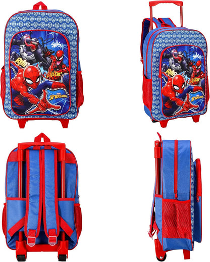 Spiderman Deluxe Trolley Backpack Childrens Travel Bag Kids Character Luggage Carrier Suitcase with Side Mesh Pockets Marvel Spider-Man