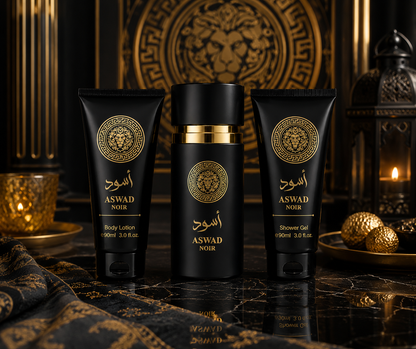 ASWAD NOIR Men’s Luxury Arabic Fragrance Gift Set – 3 Piece Collection (Eau de Parfum, Shower Gel & Body Lotion) – Oud, Amber & Woody Notes – Premium Black Gift Box for Him