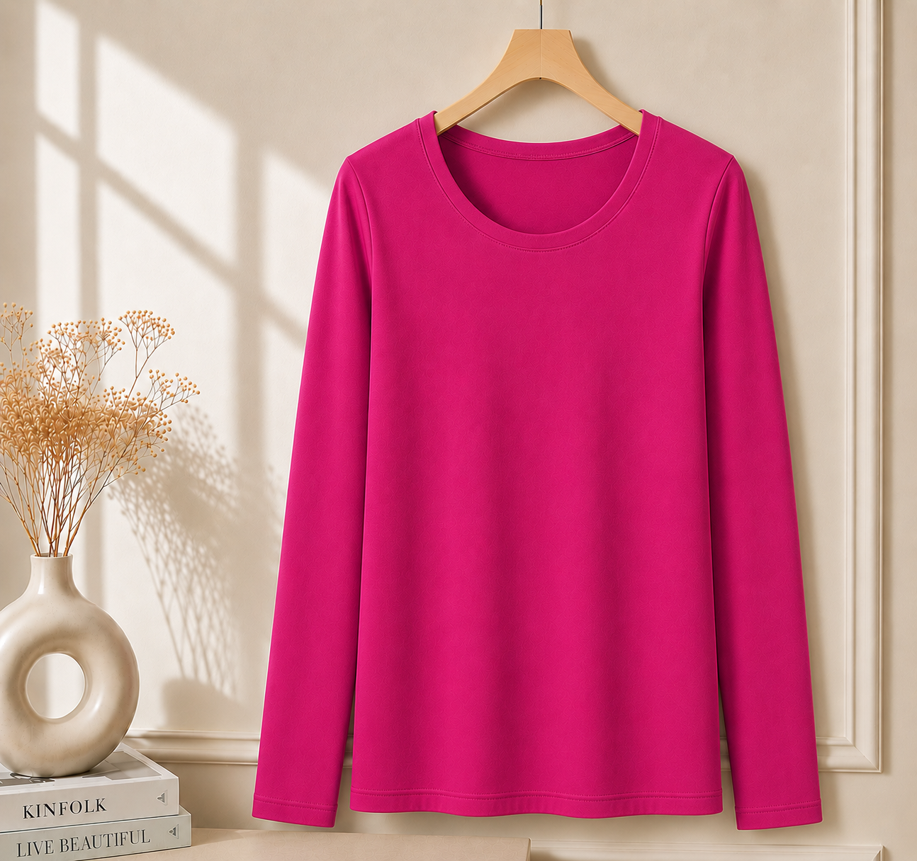 Women’s Long Sleeve T Shirt – Soft Stretch Scoop Neck Fitted Casual Top
