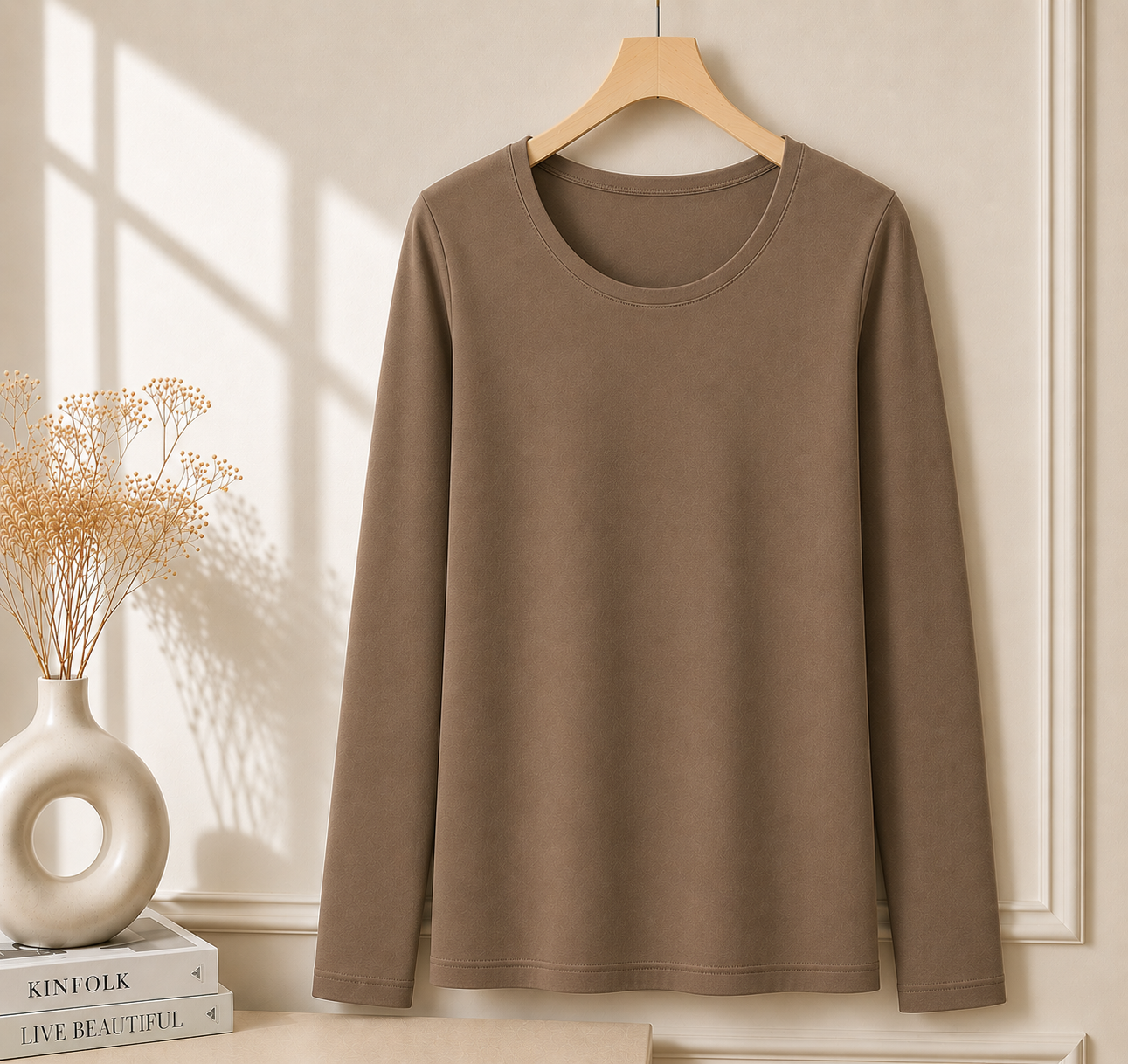 Women’s Long Sleeve T Shirt – Soft Stretch Scoop Neck Fitted Casual Top