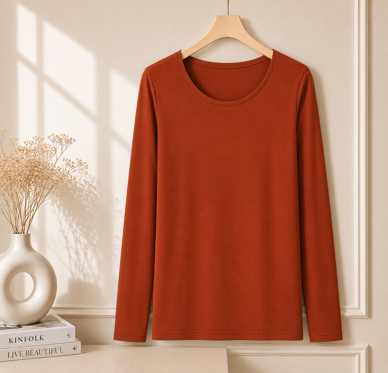 Women’s Long Sleeve T Shirt – Soft Stretch Scoop Neck Fitted Casual Top