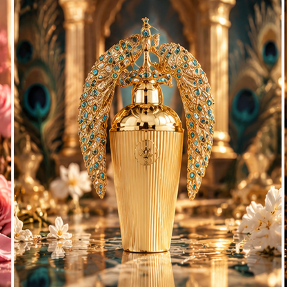 Elegant golden fragrance bottle with decorative peacock wings and warm luxury background