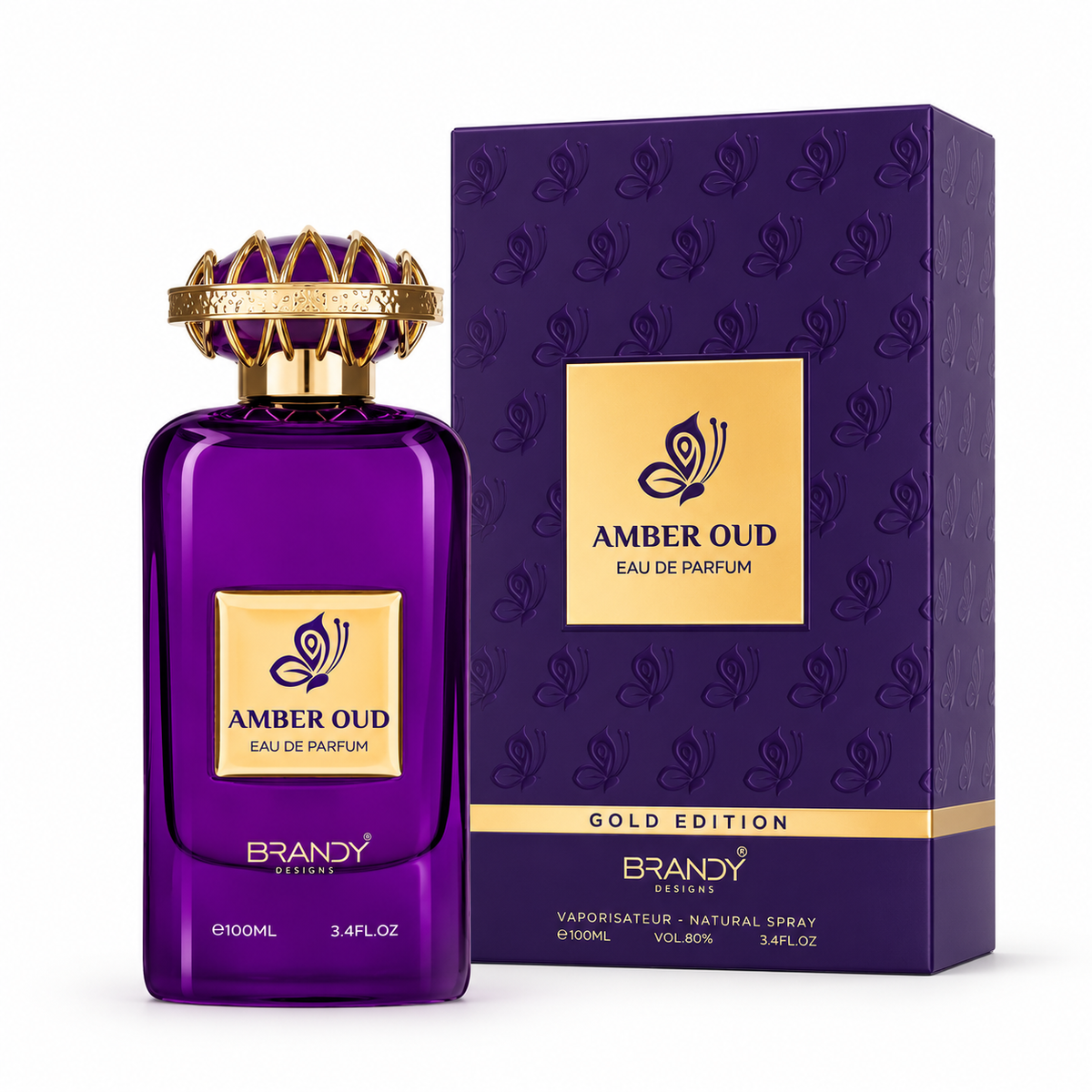 Brandy Designs Amber Oud 100ml bottle and box on a white background