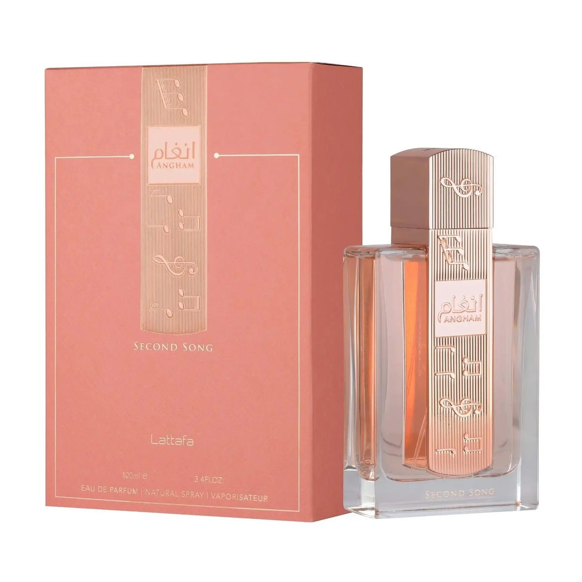 Angham Second Song 100ml perfume bottle and box on white background