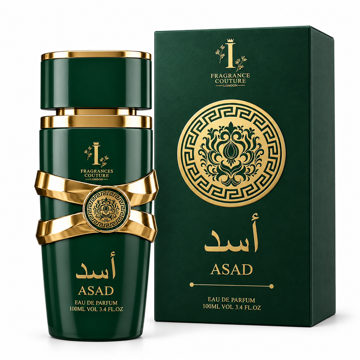 Asad Green 100ml perfume bottle and box on a white background