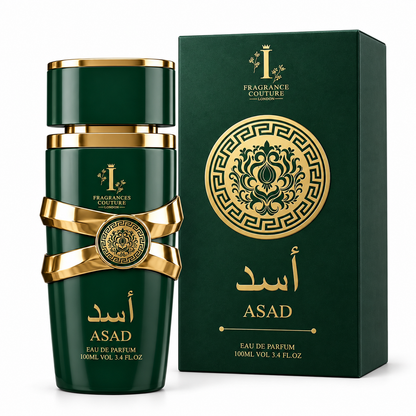 Asad Green 100ml perfume bottle and box on a white background