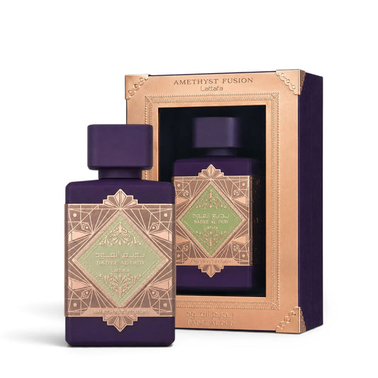 Badee Al Oud Amethyst Fusion bottle and box on white background