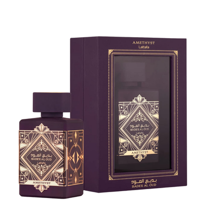 Badee Al Oud Amethyst bottle and box on white background