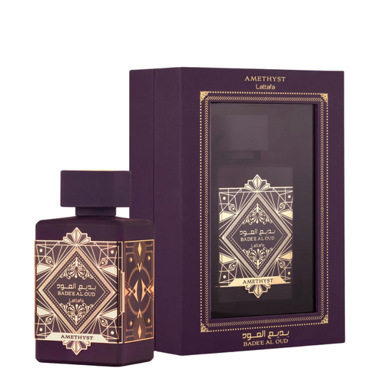 Badee Al Oud Amethyst bottle and box on white background