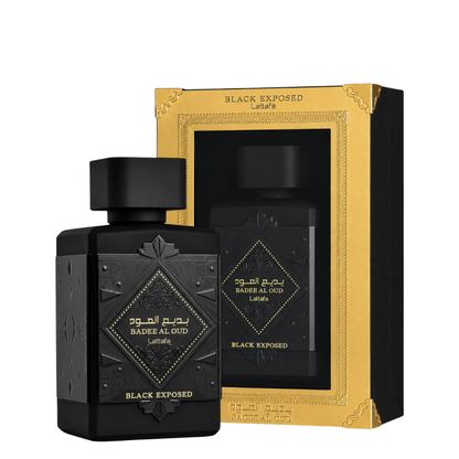 Badee Al Oud Black Exposed bottle and box on white background