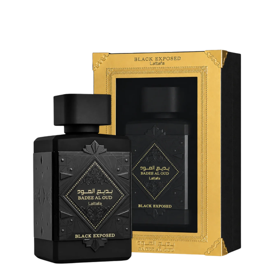 Badee Al Oud Black Exposed bottle and box on white background