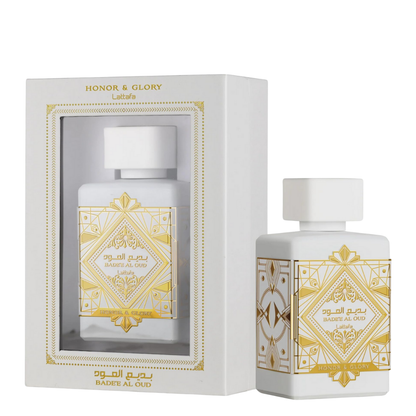Badee Al Oud Honor & Glory bottle and box on white background