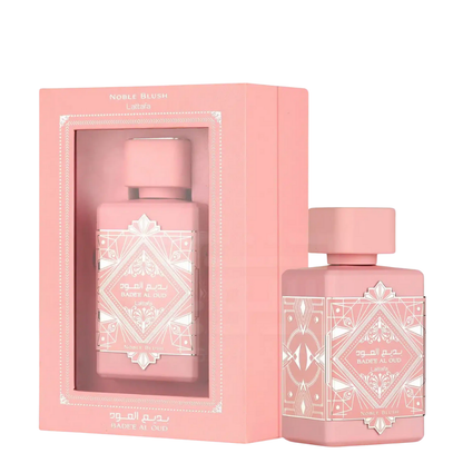 Badee Al Oud Noble Blush bottle and box on white background