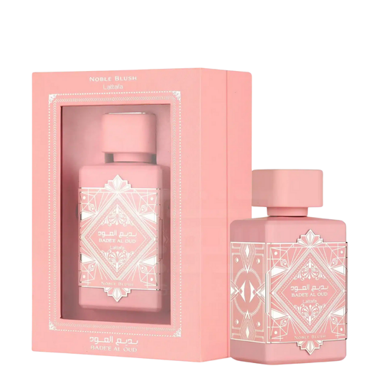 Badee Al Oud Noble Blush bottle and box on white background