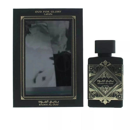 Badee Al Oud Oud for Glory bottle and box on white background