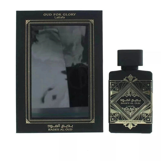Badee Al Oud Oud for Glory bottle and box on white background