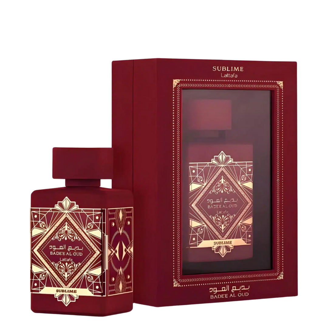 Badee Al Oud Sublime bottle and box on white background