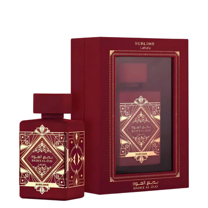 Badee Al Oud Sublime bottle and box on white background