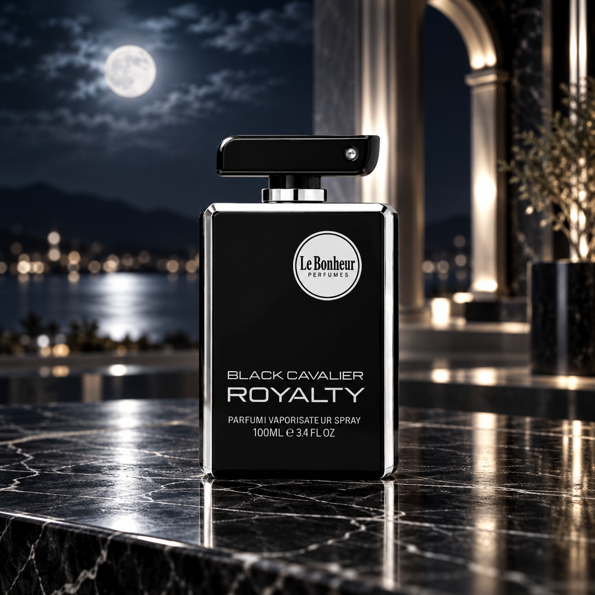 Black Cavalier Royalty bottle in an elegant setting