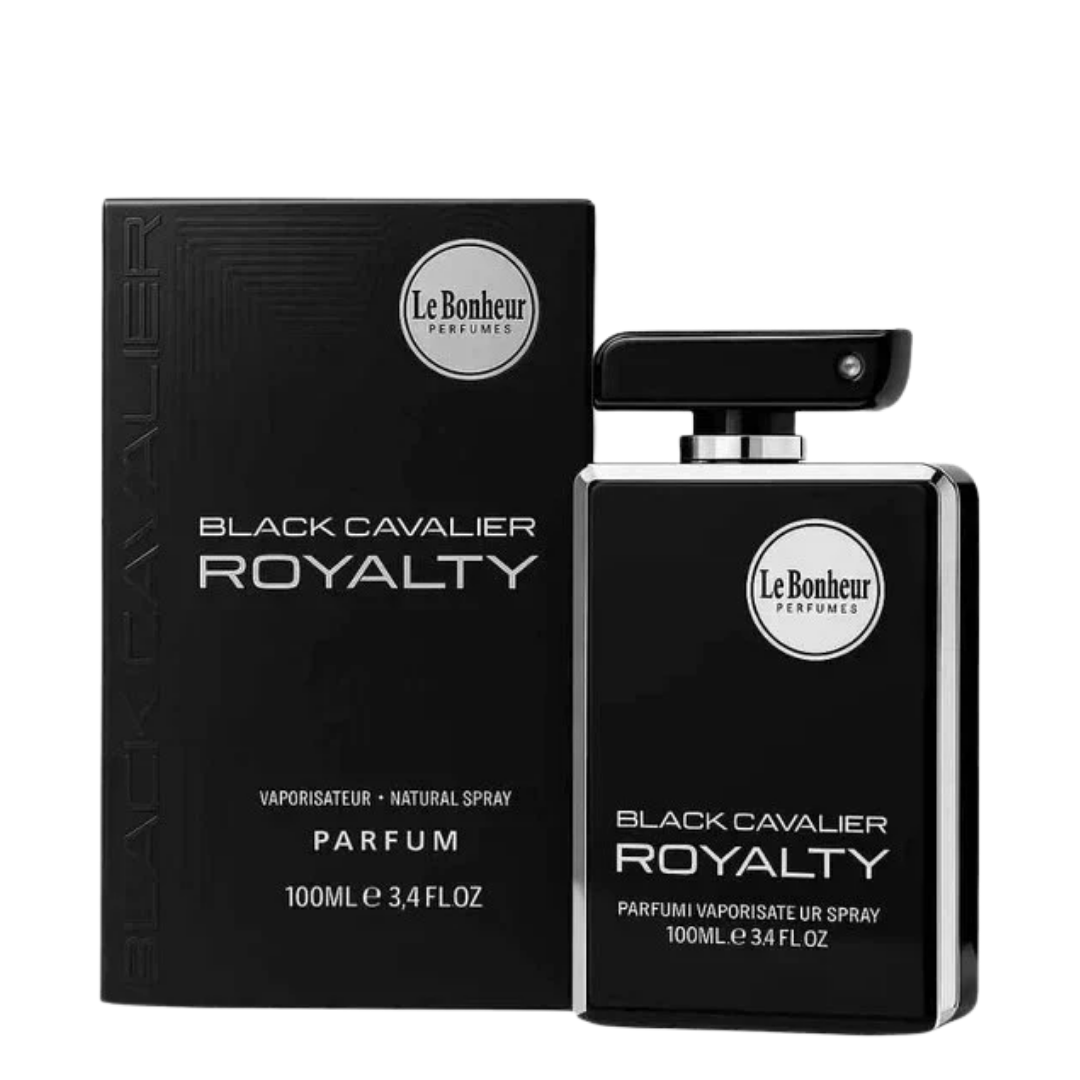 Black Cavalier Royalty 100ml by Le Bonheur bottle and box on white background